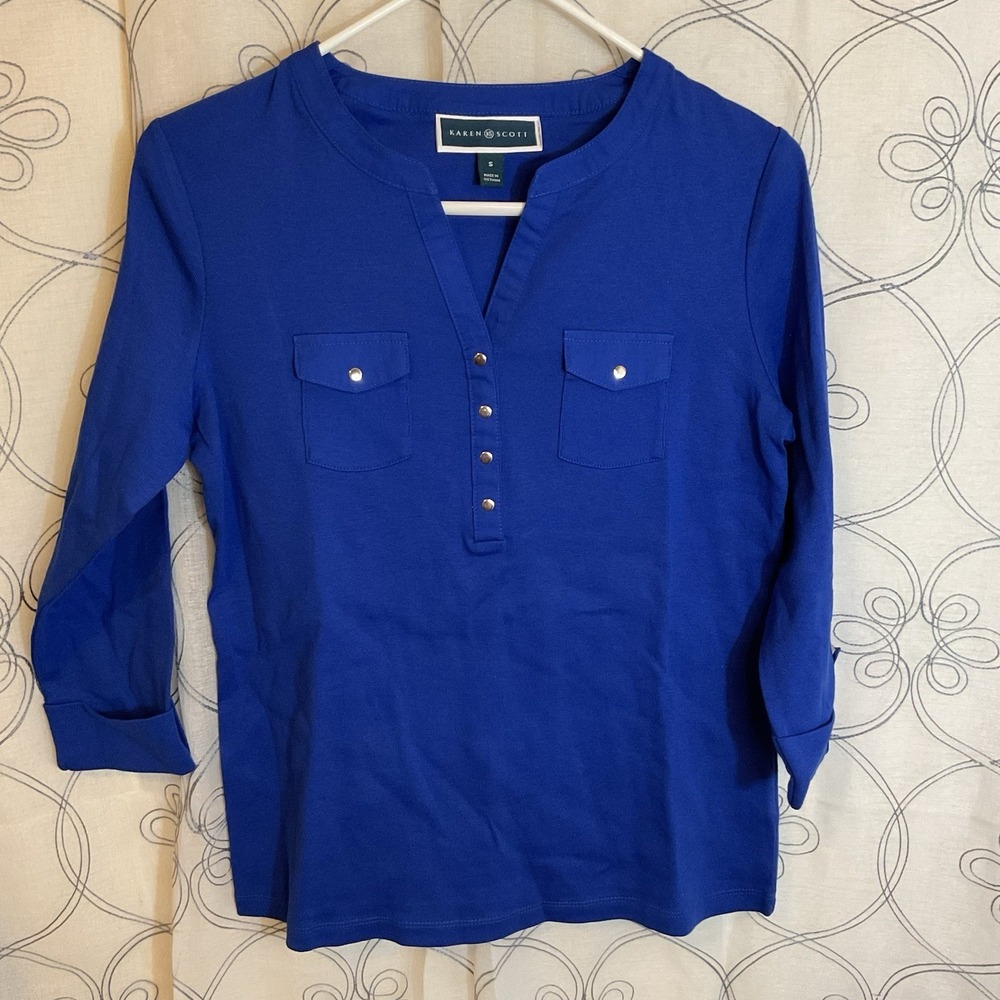 Women's Karen Scott Royal Blue V-Neck Cuff Sleeves‎ Size Small 2 Front Pockets
